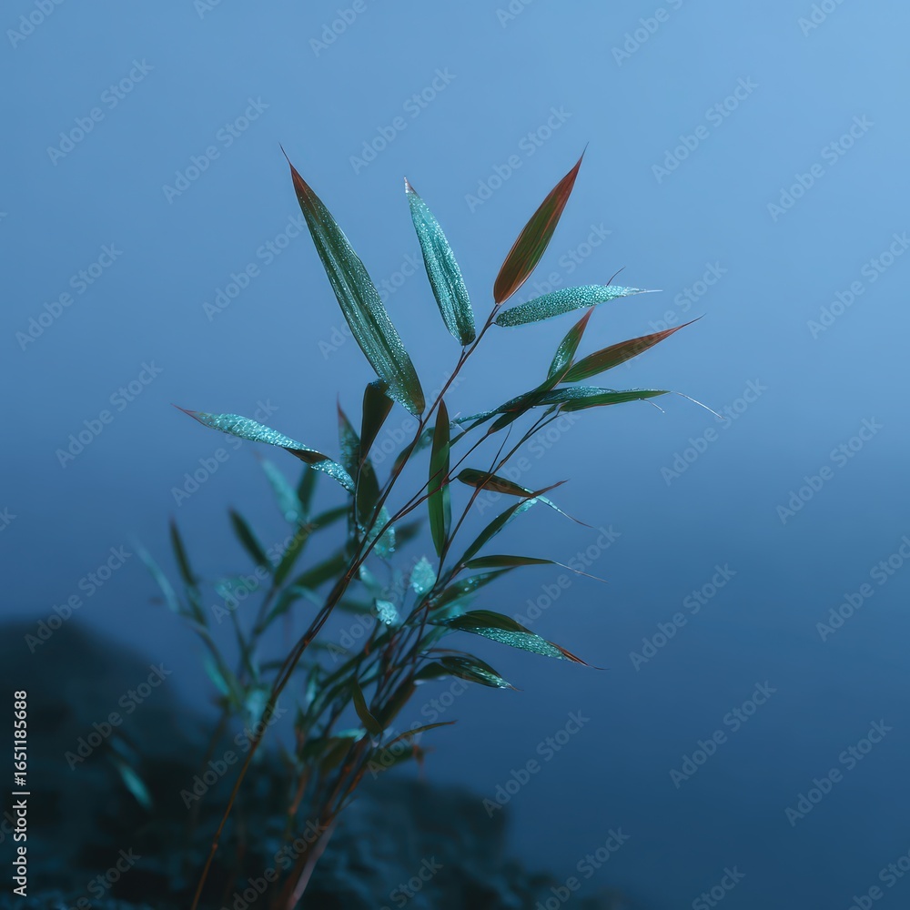 Fototapeta premium Gentle rain residue on bamboo leaves, fog drifting behind