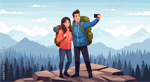 Young adult couple taking selfie while hiking on mountain
