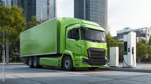 A green electric delivery truck is charging at a designated station amidst a vibrant urban setting. Skyscrapers and greenery create a modern atmosphere, highlighting sustainability