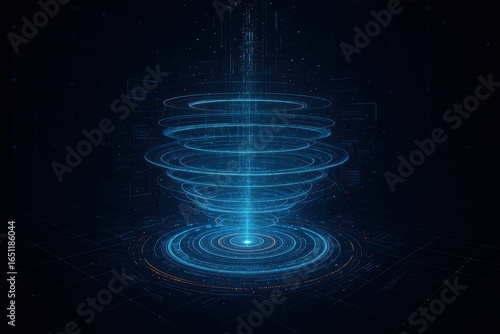 Futuristic orbital technology interface with holographic data rings and cyber elements