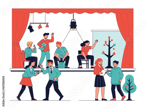 Creative Team in Theater: An illustration of a dedicated creative team collaborates on a theater stage, showcasing the collaborative process of arts.