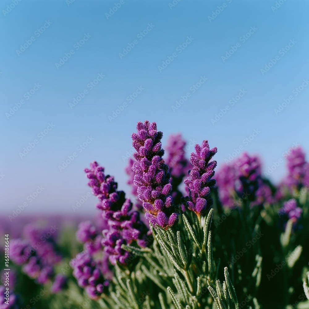 Fototapeta premium Early mist over lavender field, dew on blossoms