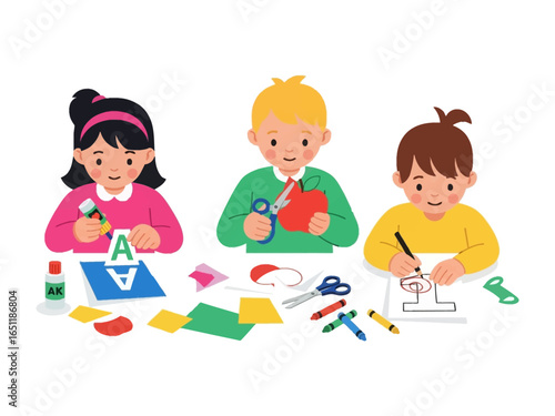 Creative Children at Work: A vibrant scene of young children enthusiastically engaged in crafting activities at a shared table.