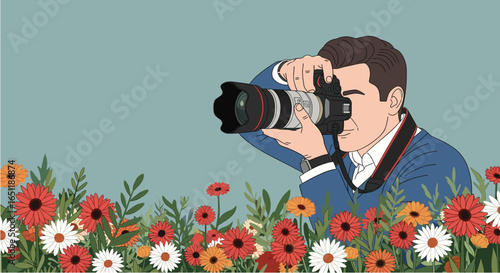 Man photographing flowers in a field