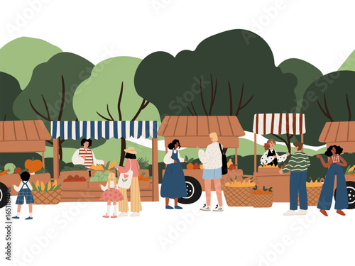 Seamless border with outdoor farmers market: fruit and vegetable stalls, buyers, kids, adults, trees and hills in background. Flat vector illustration.