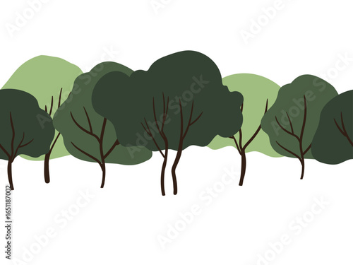 Seamless border with row of green leafy trees with brown trunks in flat style, seamless natural forest border on white background. Flat vector illustration.