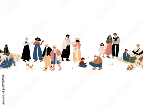 Seamless border with multicultural people including seniors, families with children, Black women, Muslim women in hijabs relaxing, eating, and socializing at picnic in park. Flat vector illustration.