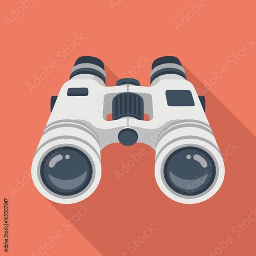 Simple binoculars illustration on orange backdrop with long shadow for observation depiction