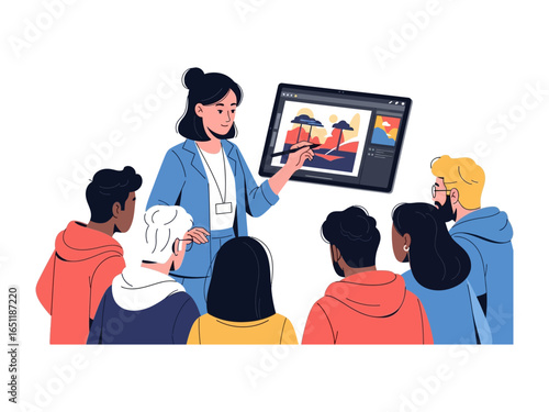 Illustration of Teaching: The artist guides an audience in an artistic training session, teaching the concepts of composition and style with a vivid digital painting displayed on a tablet