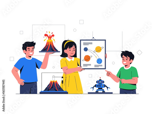 Kids Exploring Science: Illustrative scene showing young children engrossed in science, exploring a volcanic eruption, a solar system diagram, and a robot.