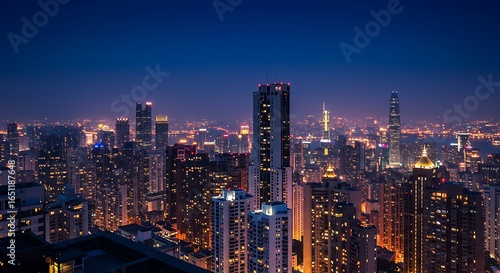A captivating nocturnal urban landscape, showcasing the dazzling lights of a bustling metropolis at twilight, ideal for innovative design projects.