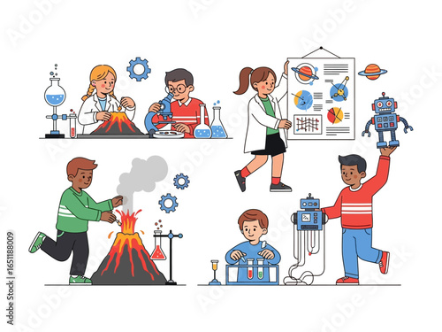 Children's Science Experiment: A delightful cartoon illustration of children immersed in exciting science experiments, from volcanoes to robots, fostering curiosity and a love for learning.