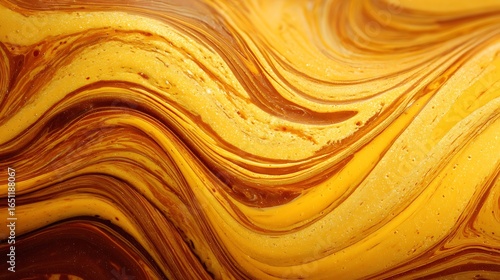 Abstract fluid art, swirling golden and brown hues create a dynamic, organic pattern. The dark background emphasizes the vibrant movement and texture of the paint.