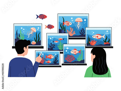 Aquarium selection:  A couple are observing variety of colorful aquatic life in a array of aquariums, offering an intriguing glimpse into the wonders of marine life.