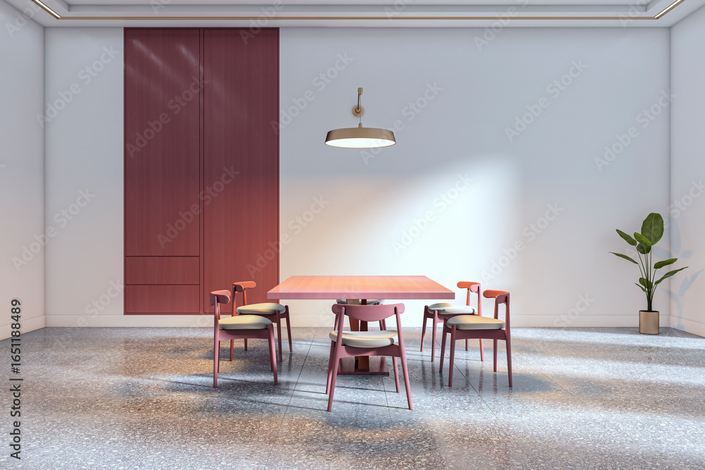 Fototapeta premium Modern conference room interior with red wooden table, six chairs, built-in cabinet, ceiling light, and plant in bright office space. 3D Rendering