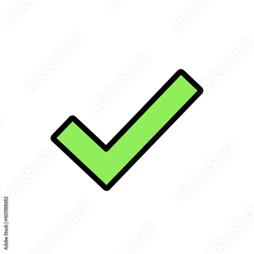Simple, modern check mark graphic with vibrant green fill and bold black outline for clarity and visibility