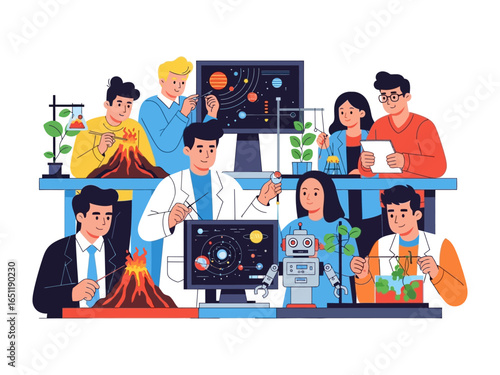 Science Laboratory Exploration: A collaborative environment in a science laboratory, showcasing scientists working on various experiments involving nature, technology, and research.