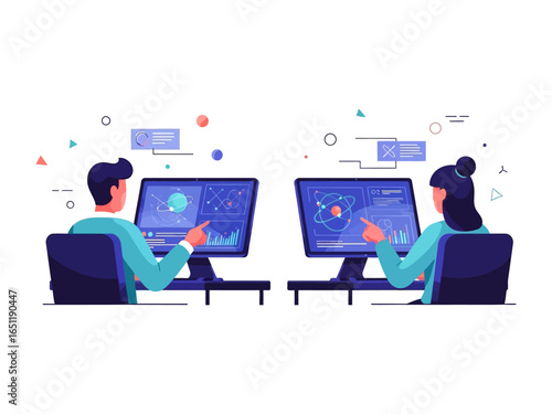 Technological Collaboration: A modern illustration of two individuals collaborating at their computers, immersed in complex scientific or technological data.