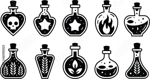 Magic Potion Bottle Set, Fantasy Alchemy Elixir Icons, vector illustration