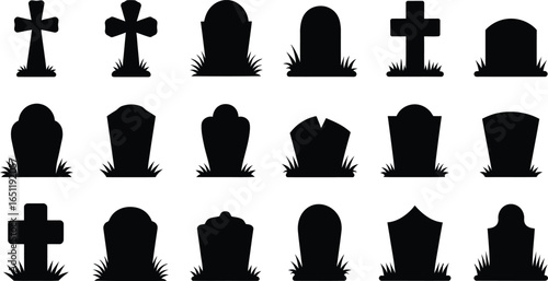 Gravestone Silhouette Vector Set, Tombstone and Cross Icons Collection