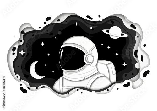 Astronaut in space with planets and stars in artistic monochrome style on black background