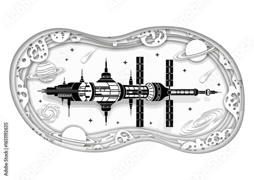 Futuristic space station orbiting in the cosmos surrounded by planets and stars in artistic monochrome style