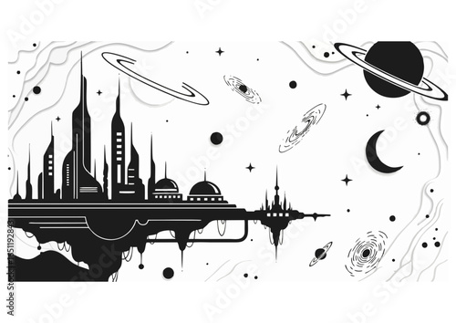 Futuristic cityscape in space surrounded by planets and galaxies in artistic monochrome style
