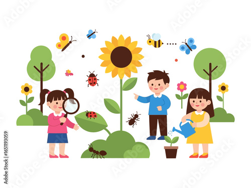 Children’s Garden Adventure: Young children embark on a delightful garden adventure, exploring the wonders of nature with a large sunflower, butterflies, bees and other insects