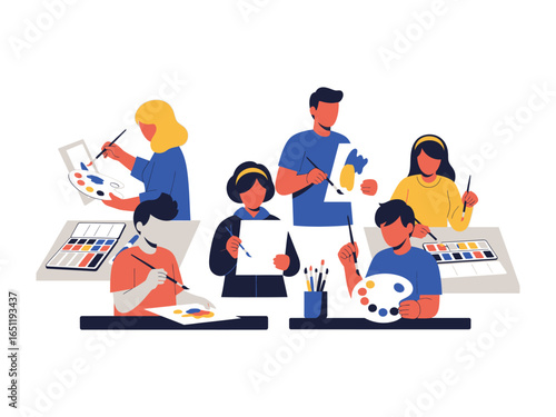 Artistic Endeavor: A colorful illustration of a group of individuals immersed in the creative process, each with their own canvas and palette.
