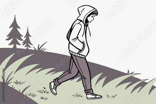 Teenage boy walking in nature
