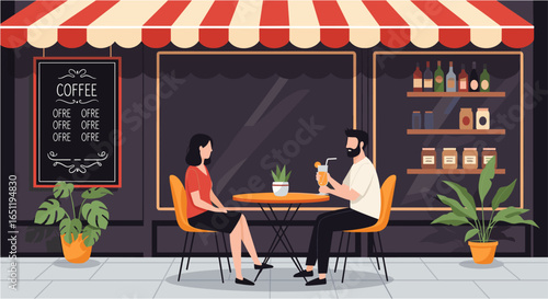 Young adult couple enjoying drinks at outdoor caffe