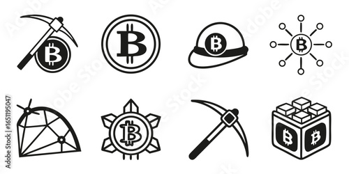 Bitcoin crypto mining icons isolated on white background