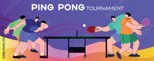 Illustration team game of ping pong in doubles, men and women active sport, indoor game. Poster for table tennis tournament, flat illustration concept of active recreation, sport