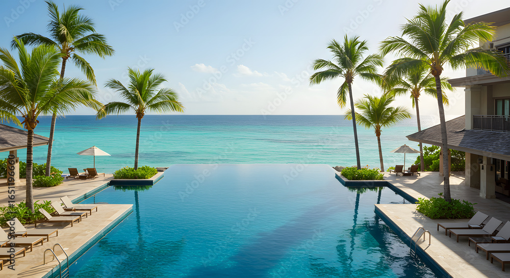 Fototapeta premium Luxury Infinity Pool Overlooking Tropical Beach and Ocean
