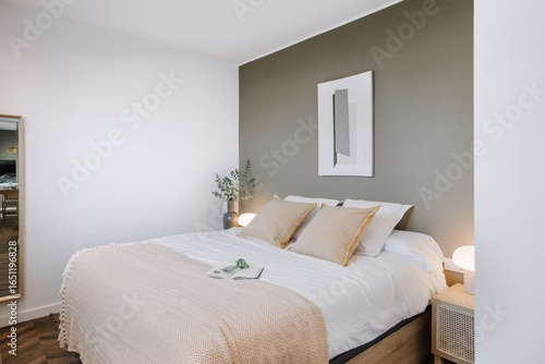 Tableau sur toile Modern luxury bedroom interior in minimal scandinavian style, 3d render