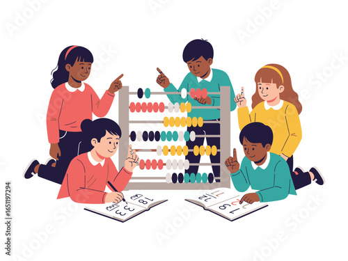 Calculating Children: A vibrant illustration of a diverse group of children intently focused on learning, using an abacus and worksheets to master their math skills.
