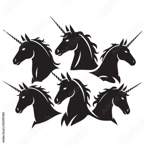 Six black unicorn heads in a stylized silhouette
