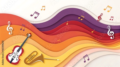 Vibrant Music Background with Musical Instruments in Paper Cut Style