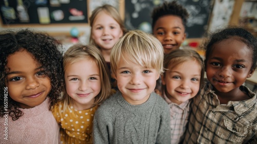 A joyful gathering of children shows diverse faces with bright smiles in a cozy classroom adorned with learning materials. They appear engaged and excited while posing together