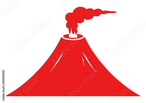 Stylized erupting volcano with smoke and lava on a light background, vector illustration 