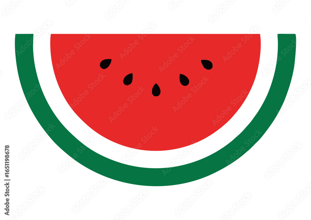Cute watermelon slice illustration with pink flesh and green rind on white background