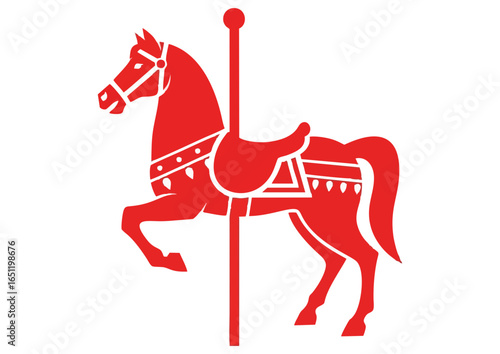 Carousel horse in a classic style, standing majestically, in bold red color