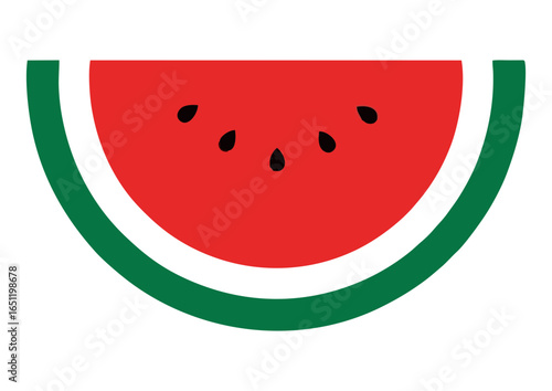 Cute watermelon slice illustration with pink flesh and green rind on white background