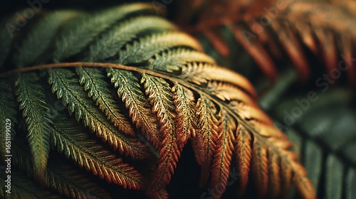 A close-up shot of a fern frond, showcasing intricate details and warm, earthy tones. The dark background emphasizes the leaf's texture and delicate patterns.