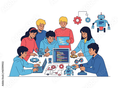 Innovative Minds: A team of young students collaborates, creating and coding robots, symbolizing the future of technology and STEM education.
