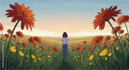 Young woman walking through vast field of red and yellow flowers