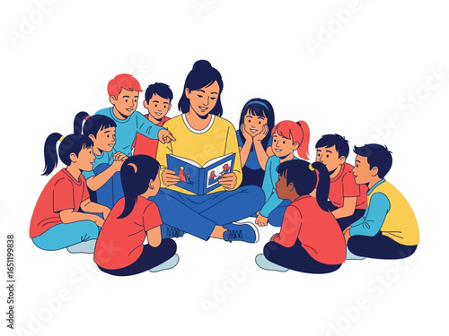Booktime: A teacher captivates a circle of attentive young learners as they delve into the captivating illustrations of a colorful book. Capturing the essence of education, knowledge.