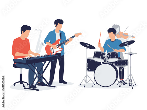 Musical Ensemble at Work: A talented musical ensemble captivates the audience with a melodic harmony. Three musician play their instruments. The harmony and melodic sound show music creativity 