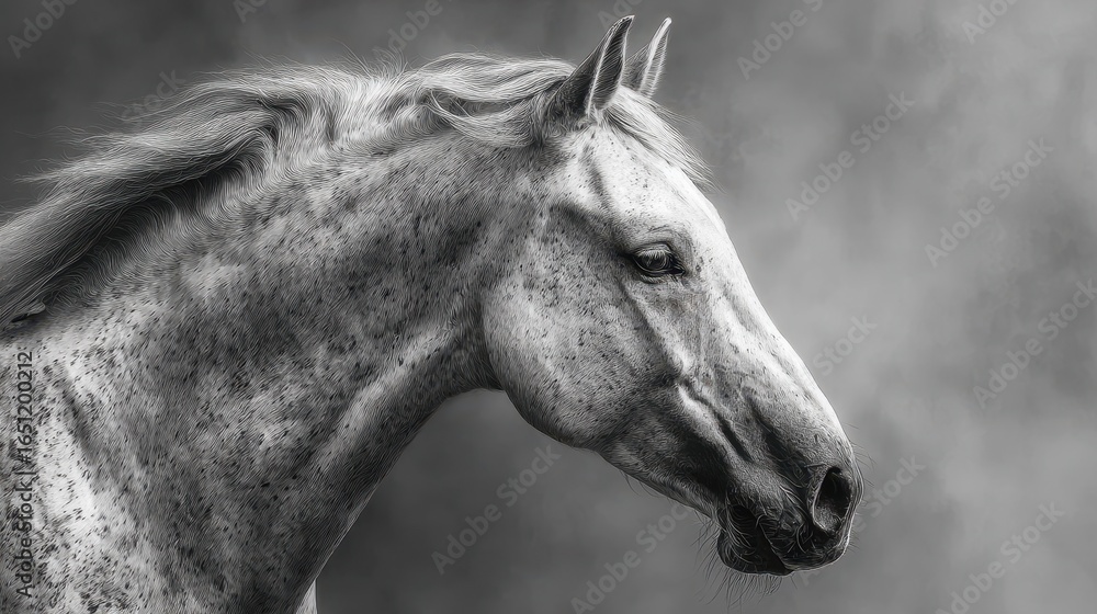 Obraz premium Beautiful grey horse profile captured in black and white with soft background blur highlighting its elegant features