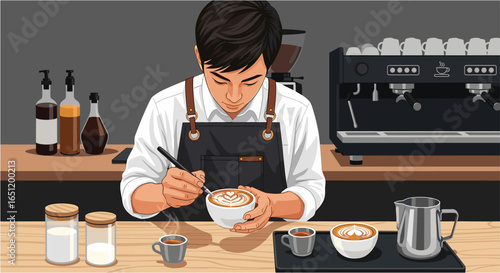 Asian male barista making latte art at coffee counter